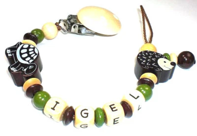 Schnullerkette mit Namen Igel Schildkröte Junge Mädchen braun natur olivgrün - Bild 1 von 4
