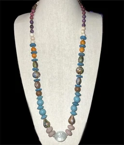 Vintage Long Mixed Material Beaded Necklace Glass Acrylic Stone - Picture 1 of 6
