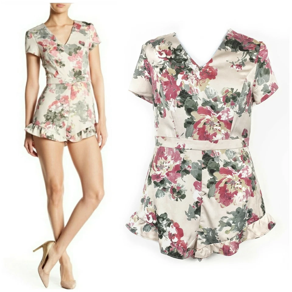 bebe Size 16 Floral Satin Stretch V Neck Ruffle Romper Shorts Pink Tan
