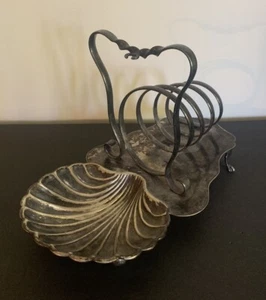 Antique Sheffield England Silver Plated Toast Rack with Butter/Jam Dish Shell - Foto 1 di 10