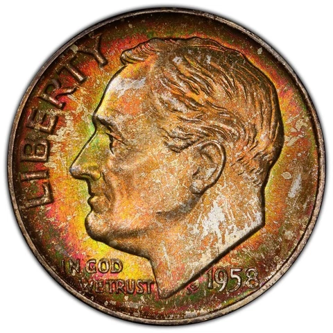 Rainbow Toned 1958-D Roosevelt Dime PCGS MS66+ FB bith Side Colors Rare Cover