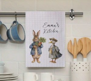Personalised Kitchen Tea Towel, Blue Bunny Design Waffle towel, Unique Gift - Picture 1 of 3