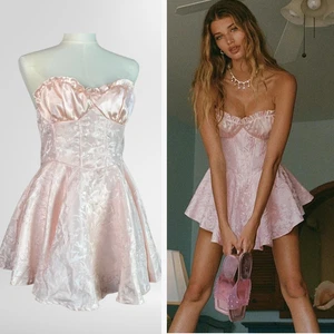 Damen Rosa Satin Jacquard Korsett Stil Minikleid Größe L Milkmaid Coquette - Bild 1 von 12