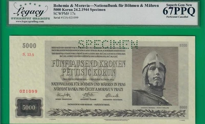 Bohemia & Moravia 5000 korun 1944, P17s, Legacy Superb New *67* PPQ, Top @ ebay! - Image 1 of 2