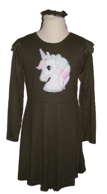 Btween 2 Pc Olive Green Long Sleeve Ribbed Fur Unicorn Dress Hair Scrunchie 10 - Image 1 of 4