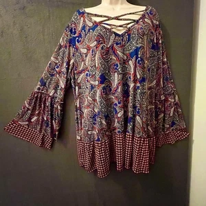 COMO BLU Sz 2X Paisley Top Cross Lacing Look Bodice Flare Slvs-Navy Blue Lining - Picture 1 of 15