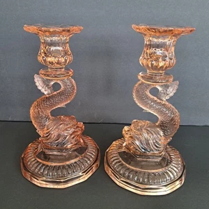Koi Drachen Fisch Schlange Koralle Rosa Vertiefung Glas Kerzenständer Halter Paar - Bild 1 von 6