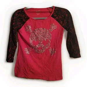 Justice Girls Youth Size 12 Pink Studded Skull Bones 3/4 Length Sleeve T-Shirt - Picture 1 of 4