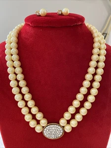 AVON Presidents Club Doppelstrang Kunstperlen HALSKETTE Oval Strass Mitte - Bild 1 von 9