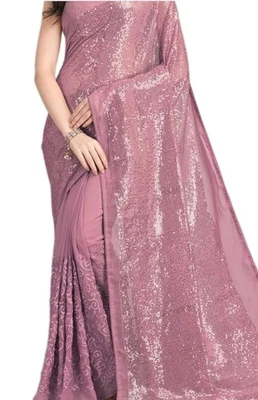 Ropa de fiesta india Bollywood Diwali bordado lentejuelas sari gasa Georgette sari Foto 1 de 3