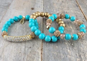 SET 3 Stretch Armbänder Türkis Howlith Matt Gold Perlen Kristall BLEU Western - Bild 1 von 9