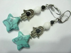 Türkis Howlith Stern Ohrringe m.Fatima Hand Lava &weiße Jade Edelmetall Brisuren - Bild 1 von 2