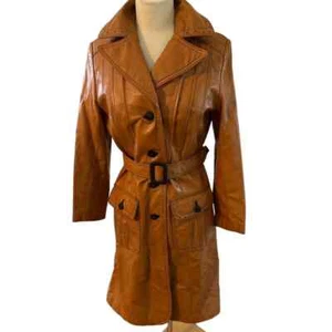 Abrigo de cuero vintage de los años 70 Montgomery Ward The Tannery con cinturón NARANJA QUEMADO TRENCH - Imagen 1 de 5