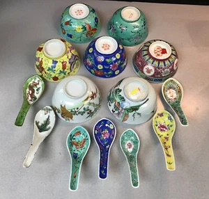 Assembled Set of 7 Chinese Export Bowls With Spoons - Imagen 1 de 11