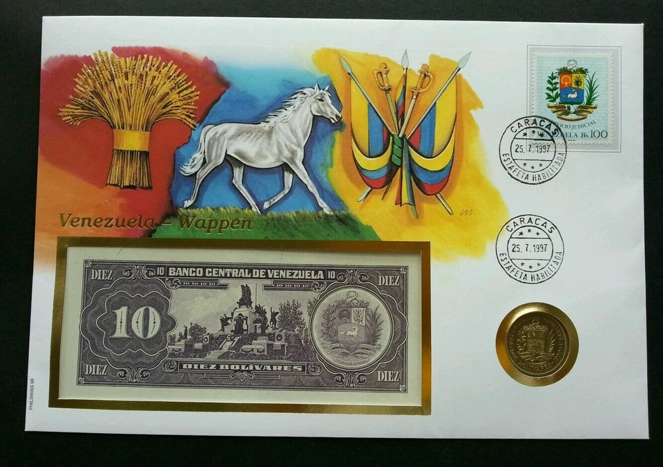 [SJ] Venezuela Emblem 1997 Horse FDC (banknote coin cover) 3 in 1  - Image 1 of 4