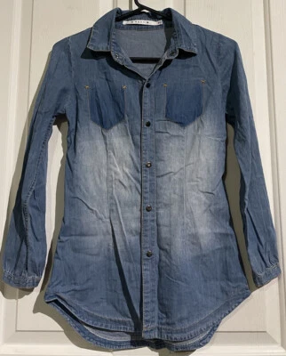 ROXY Mujer Top Denim Botón de Prensa 100% Algodón Mangas L Talla 10 Foto 1 de 4