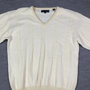 Vintage Faldo Pringle Sweater Mens XL White Cream Striped V Neck Pullover - Picture 1 of 11