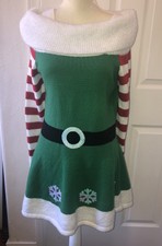 Holiday Time Elf Christmas Ugly Sweater Dress Womens Medium Off Shoulder
