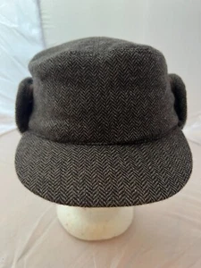 NEIMAN MARCUS MERINO WOOL SHEEP SHEARLING TRIM HERRINGBONE EARFLAP HAT $110 - Picture 1 of 13