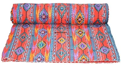 Funda de cama Kantha tamaño queen con estampado Ikat de bloque de mano de algodón edredón indio Foto 1 de 4