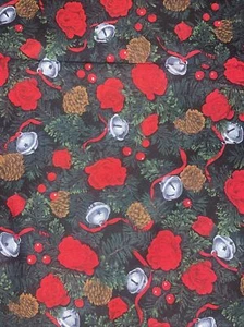 Christmas Pinecone Silver Bells Alexander Henry Cotton Fabric Red 55” x 40” - Picture 1 of 3