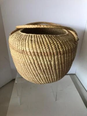 "Cesta a rayas remolino bobina tejida grande con asas 15 W X 13"" H natural" Foto 1 de 4