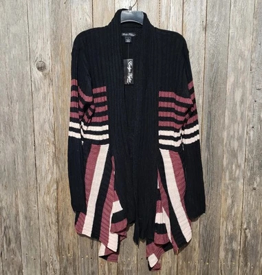 NUEVO Cárdigan para mujer Evelyn Taylor 1X negro drapeado frente abierto acanalado rayas Foto 1 de 4