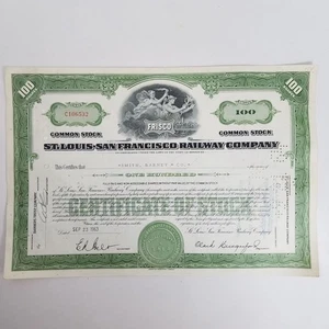 Vintage 1963 Frisco Railway Common Stock Certificate 100 Shares Green St Louis - Picture 1 of 2