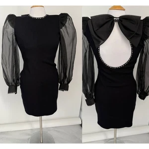 St John Evening Black Knit Dress Open Back Bow Puff Sleeve Rhinestones Size 2 - Picture 1 of 15