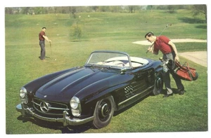 1961 MERCEDES BENZ 300SL Convertible AD Postcard - GOLFERS GOLFING Rare - Picture 1 of 2