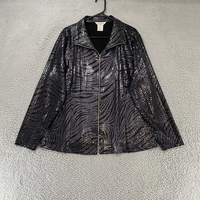 Exclusively Misook Jacket Womens 1X Silver Metallic Disco Zip Up Shiny Silver - Image 1 of 4