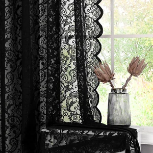 Black Sheer Lace Curtains 84 inch Vintage Floral Sheer Window Curtain Panels - Picture 1 of 7