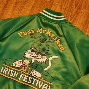 Vintage 90s Irish Satin Jacket Adult XL Green Puss McKraken Party Cat 1990 Rare - Picture 1 of 9