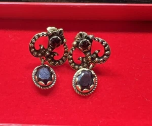 Vintage 14k Yellow Gold Garnet Seed Pearl Stud Dangle Earrings 1” - Picture 1 of 5