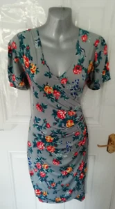Ingenue London 8 Grey Multi Blue Red Floral Ruched Wrap Effect Stretchy Dress - Picture 1 of 11