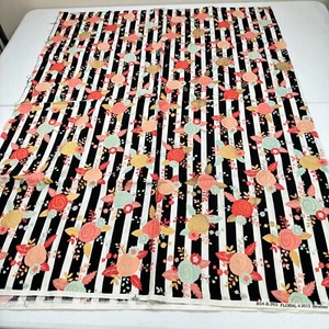 brother sister fabric black stripes pink roses cotton 67x43 1.8 yards - Picture 1 of 13