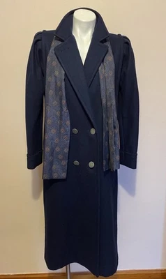 VTG  Navy Blue Joffeld Puff Sleeve Double Breasted 80% Wool Coat Small Scarf USA - Image 1 of 4