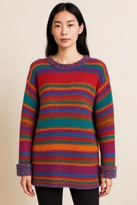 Additions Chu Women's Sweater Red M Wool Pullover Chunky Artsy Rainbow Striped - Picture 1 of 9