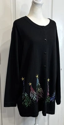 Quacker Factory Christmas Tree Cardigan L Black Sequin Embellished Holiday Cozy - Image 1 of 4