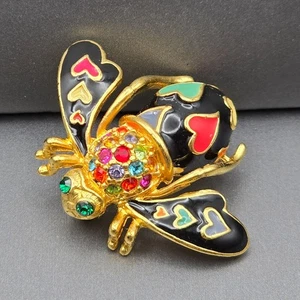 VTG Joan Rivers Heart Bee Brooch 1.5" Multi-Color Rhinestones Enamel Signed - Picture 1 of 10