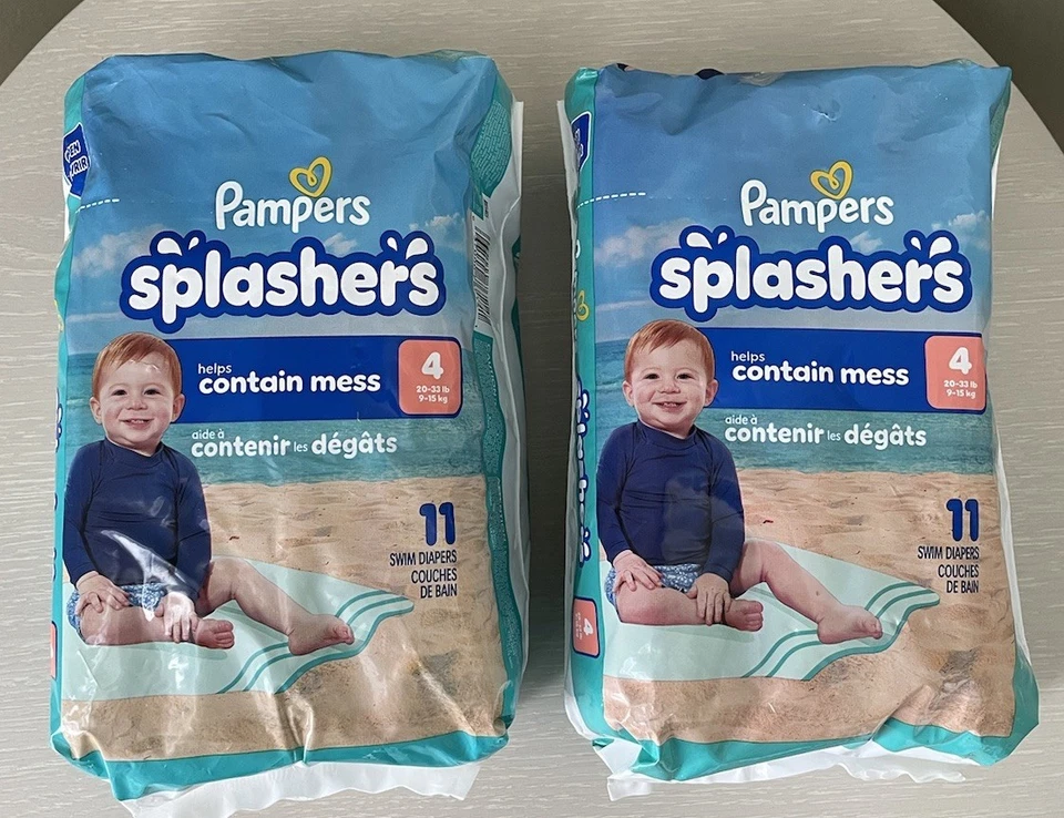 Paquete de 2 nuevos pañales de natación Pampers Splashers talla 4 (20-33 libras) total 22 Foto 1 de 1