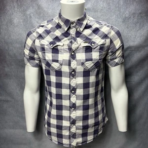 G-Star RAW Men's Small Shirt Check Purple & White Short Sleeve Pearl Buttons - Picture 1 of 8