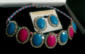 Fushia and light aqua earrings and necklace - Picture 1 of 1