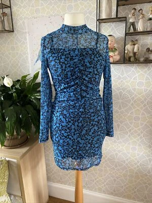 Primark Blue Black Dress Size 14 High Neck Chiffon Christmas Party Club - Image 1 of 4