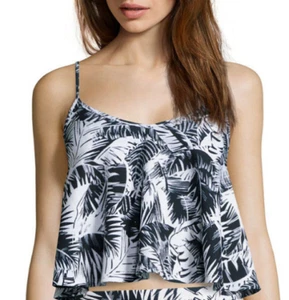 Hawaiian Print Womens Crop Cami Tank Top L Black/White Boho Coquette Milkmaid  - Picture 1 of 4