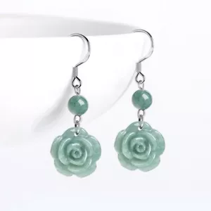 Pendientes Gancho Plata Flor Rosa Tallada Gemas Jadeíta Jade Verde Natural Grado A - Imagen 1 de 9