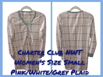 Camisón a cuadros Charter Club para mujer talla pequeña rosa/blanco/gris Foto 1 de 4