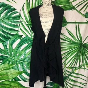 Dress Barn Large Black Ruffle Knit Hook Eye Long Sleeveless Stretchy Cardigan - Picture 1 of 9