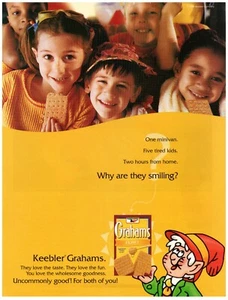 PRINT AD, 1998 Keebler Honey Grahams Cartoon Elf 90's Happy Kid Smiles Crackers - Picture 1 of 1