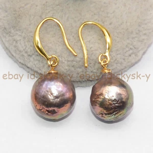 Huge 12-14mm Real Natural South Sea Baroque Black Edison Pearl Dangle Earrings - Picture 1 of 5